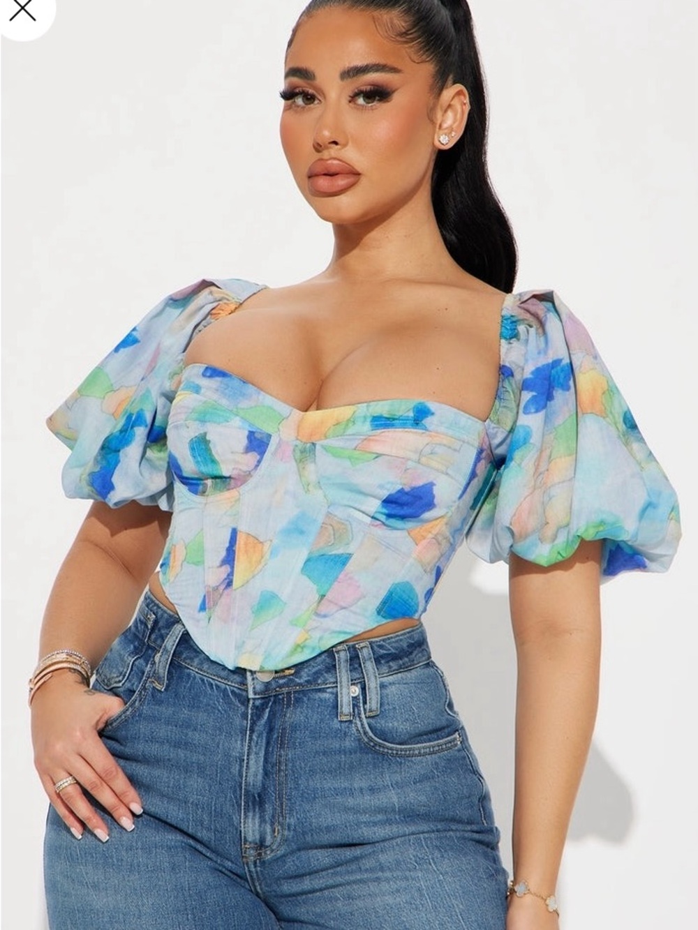 Fashion Nova Pastel Watercolor Puff Sleeve Bustier Top